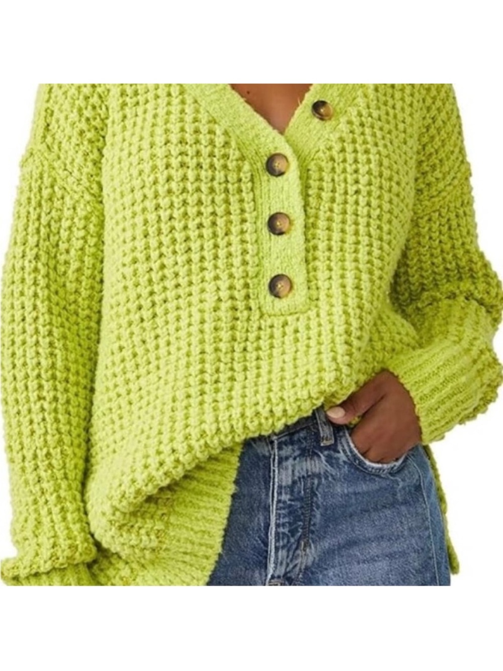 FREE PEOPLE Chunky Knit Button-Front Sweater - Lime Green medium
